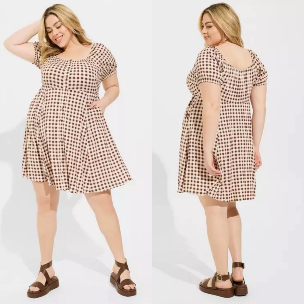 Torrid Brown Gingham Button Front Skater Mini Dress w/ Pockets